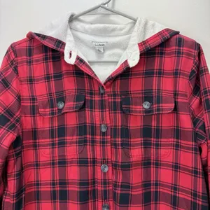LL Bean Red Buffalo Plaid Fleece Lined‎ Flannel Hooded Shirt Jacket Shacket XS thumbnail 3