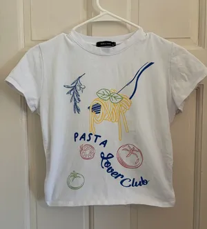 White baby tee Pasta Lover Club size Large 95% cotton thumbnail 1