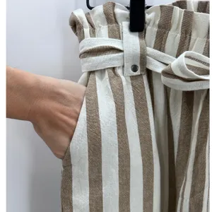 Women's Striped Cotton Paperbag Waist Blend Pants Medium Neutral Minimalist‎ thumbnail 4