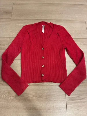 By Anthropologie Women’s V-neck Strappy Cardigan Sweater Red Ribbed Size S thumbnail 3
