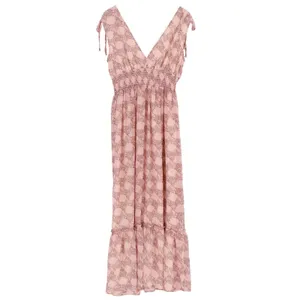 Lush Pink Floral Medallion V-Neck Smocked Waist Tie Shoulder Maxi Dress Large thumbnail 5