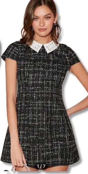 Elegant Tweed Mini Dress with White Collar thumbnail 1