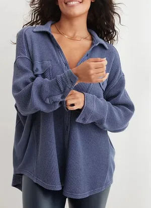 Aerie LumberJane Waffle Shirt Fresh Bright Blue Size Small thumbnail 1