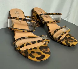 Boohoo Leopard Print Clear-Strap Slide Sandals chunky heel party size 4 thumbnail 1