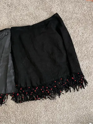 Vintage Black Suede Fringe Red Bead Western Wrap Midi Skirt L XL Cowgirl thumbnail 9