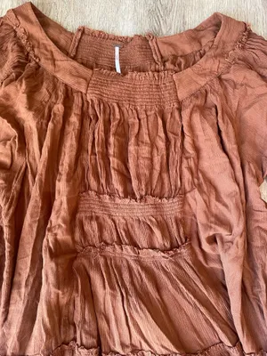 Free People Bea Mini Dress Rust Brown Boho Smocked Tiered Peasant XS thumbnail 2