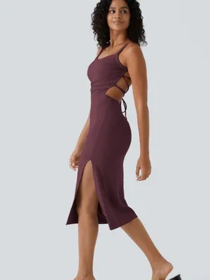 NWOT Halara Red Ruched Lace Up Bodycon Midi Dress thumbnail 2
