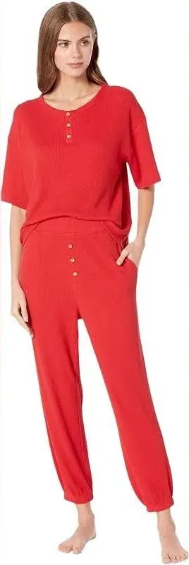 Eberjey Red Cozy Waffle Henley Short Sleeve Long Pants‎ Pajama PJ Set Red XS thumbnail 1