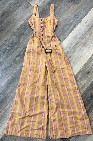 Anthropologie Striped Linen Blend Wide Leg Jumpsuit Belted Tan Size 0 thumbnail 1