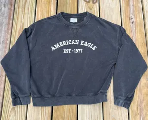 American Eagle Sweatshirt Cropped Crew‎ Washed Black White Spellout Small thumbnail 1