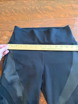Alo Leggings Long Black Net Trim Inserts Diagonal Design Satin Strips thumbnail 6