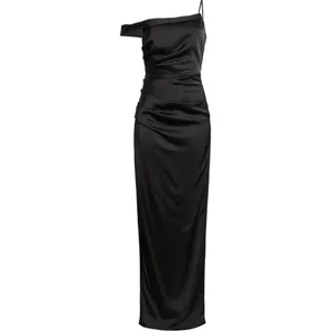 Lush Love Black Satin Asymmetrical High Slit Off-the-Shoulder Dress Size Large thumbnail 5