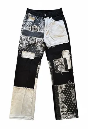 SHEIN Bandana Patchwork Colorblock Straight Leg Jeans Black White Small thumbnail 1