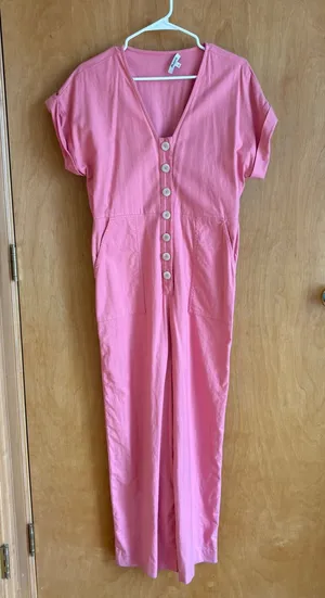 Madewell Button Front Jumpsuit Womens 4 Pink Herringbone Short Sleeve‎ Wide Leg thumbnail 1