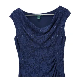 Ralph Lauren Navy Blue Sequin Lace Cowl Neck‎ Sheath Sleeveless Dress Size 10 thumbnail 6