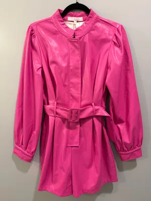 Karlie Faux Leather Long Sleeve Barbie Pink Belt Detail Romper thumbnail 3