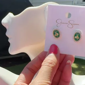 Jessica Simpson Earrings gold tone pearls around green ballerina stubs thumbnail 2