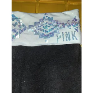 PINK Victorias Secret Yoga Pants Black Flare Sequin Foldover Waist Small Regular thumbnail 2