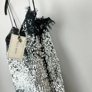 Gianni Bini Lilly Sisto Allegra Sequin Slip Midi Dress Silver Lace Trim US 6 NWT thumbnail 11