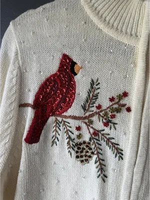 Heirloom Collectibles Christmas Collection XL Cream Knit Cardigan with Cardinal/ thumbnail 4