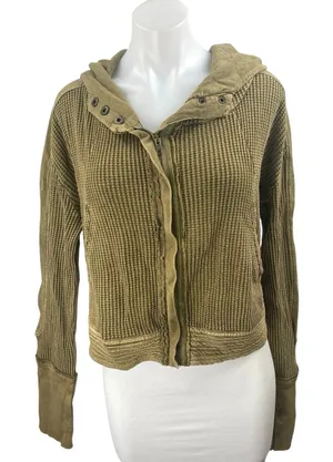 Free People Mason Olive Green Waffle Knit Long Sleeve Full Zip Hoodie Sweater S thumbnail 1