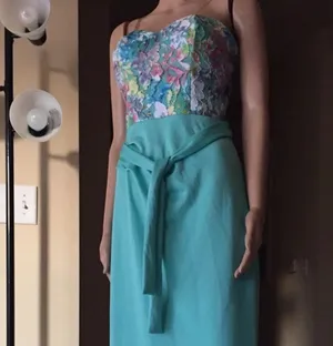 Strapless Aqua Maxi Dress with Floral Bodice thumbnail 5