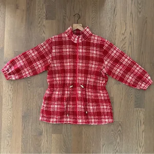 Anthropologie Vintage Collared Fleece Drawstring Waist Jacket Red White Plaid M thumbnail 3