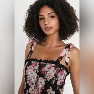 Lulus Wowing Wonder Black Floral Jacquard‎ Smocked Tie-Strap Tiered Midi Dress thumbnail 2