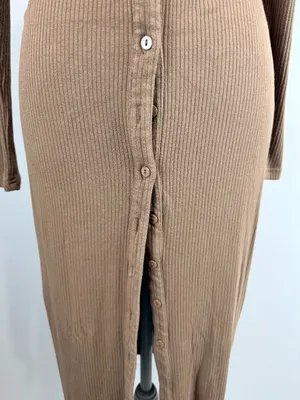 Lucca Brown Ribbed Long Sleeve Button-Down Midi Dress With Collared Neckline S thumbnail 7