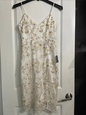 Starleena Cream and Taupe Floral Embroidered Bodycon Midi Dress Size Small NWT thumbnail 5