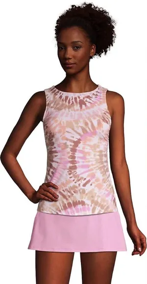 Lands' End Womens Chlorine Resistant High Neck Tankini Swim Top White Tie Dye thumbnail 1