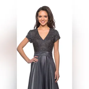 La Femme 26447 Two Tone Satin A-Line V-Neck Gown Platinum Silver Gray thumbnail 3
