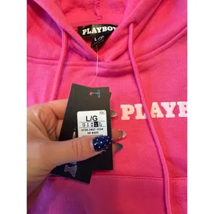 Playboy Womens Hot Pink Cropped Hoodie Embroidered Logo Bunny Sleeve Large NWT thumbnail 4
