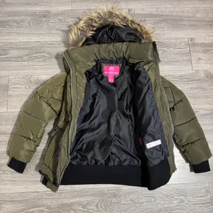 Weatherproof Olive‎ Green Quilted Puffer Jacket Faux Fur Trim Hood Women's Sz L thumbnail 1