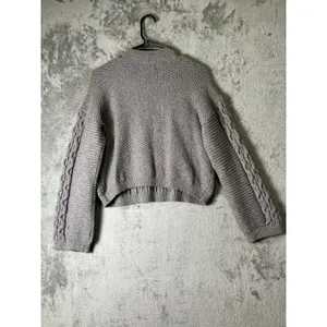 Anthropologie Cable Knit Mock Neck Balloon Sleeve Cropped Sweater Gray Size S thumbnail 3