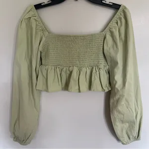 LA Hearts Green Cotton Smocked Ruffle Long Sleeve Babydoll‎ Crop Top Small thumbnail 3