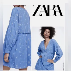 Zara Embroidered Blue Floral Oversized‎ Mini Dress - Size Medium thumbnail 2