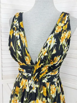 Aidan Mattox Floral Pleat V Neck Front Slit Formal Maxi Dress Black Yellow 8 thumbnail 6
