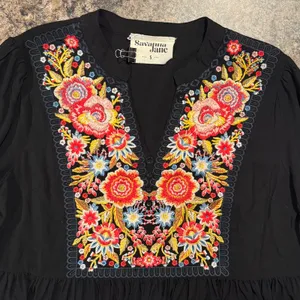Savanna Jane Top 3/4 Sleeve Embroidered Floral Boho Folk Cottage Black Small thumbnail 4