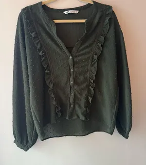 Zara Dark Green Textured Top Women’s Size Medium thumbnail 1