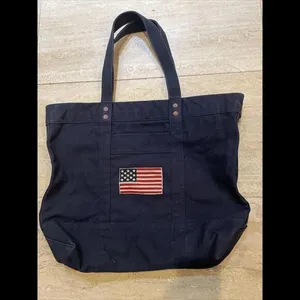 Polo Ralph‎ Lauren Tote Bag Blue Canvas Denim Pony & Flag Embroidery 20x15x6” thumbnail 4