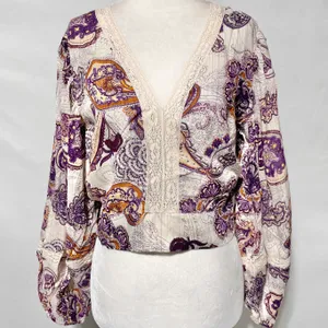 Band Of The Free New Paisley Lace V-Neck Balloon Sleeve Crop Top Size Small thumbnail 5