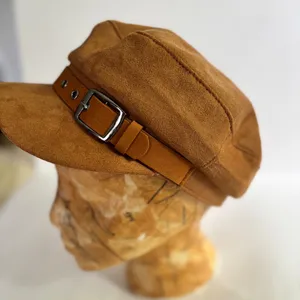 Brown faux suede women's newsboy cap with a buckle trim detail thumbnail 2