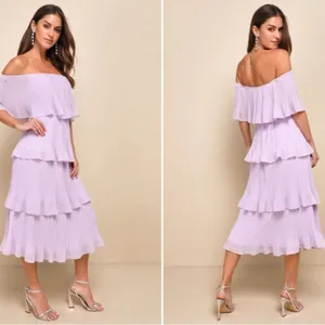 LULU's Prom Wedding Boho Romantic Tiered Ruffles Off the Shoulder Midi Dress thumbnail 4