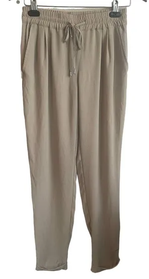 Zara‎ Women Minimalist Crinkle Lounge Pants XS Tan Tapered Elastic Waist Casual thumbnail 1