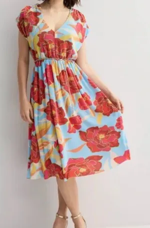 Plisse Hibiscus Midi Dress Blue Size L thumbnail 1
