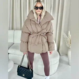 ASOS Taupe tie belt belted puffer jacket coat thumbnail 2