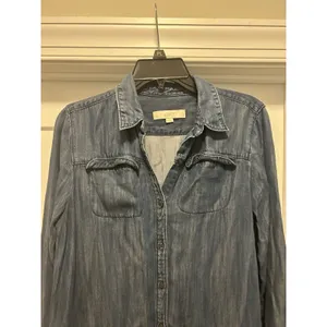 LOFT Denim Shirt Dress Blue Chambray Long Sleeve Roll Tab Sleeves Modest Small thumbnail 5