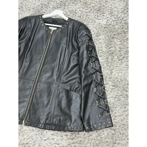 Vintage Women’s Black Leather Jacket Lace Up Studded Biker Y2K Punk Goth Size S thumbnail 7