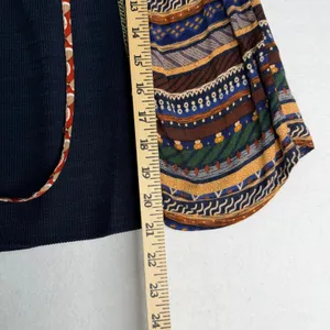 THML Womens XS Mixed Media Boho Patchwork Tassel Tie Ribbed Knit Top Rust Navy thumbnail 4